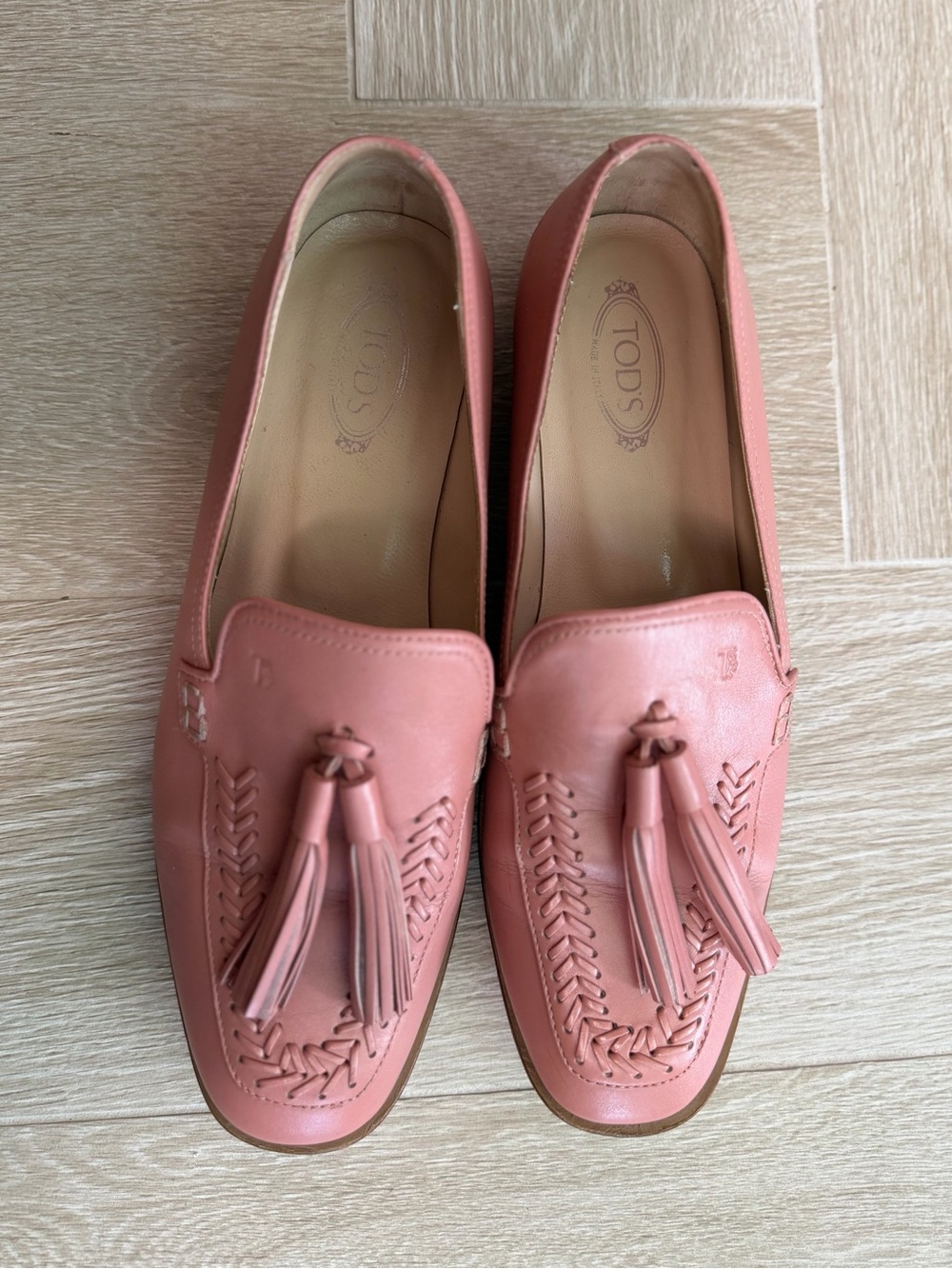 Tod’s Pink Leather Tassel Loafers Size 38 Made in Italy Luxury Flats - Picture 12 of 14